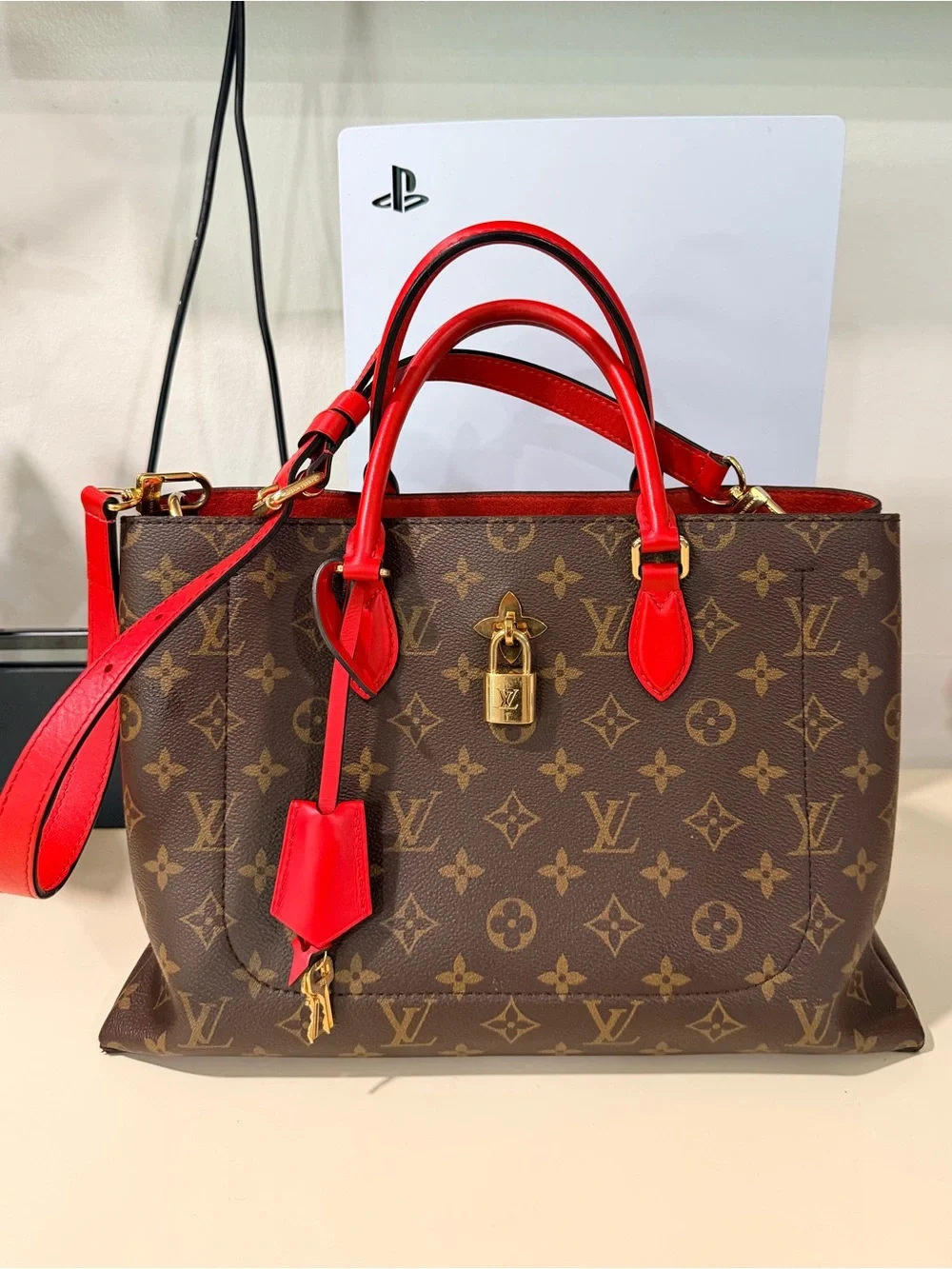 Louis Vuitton flower Monogram Canvas Tote with Red Trim